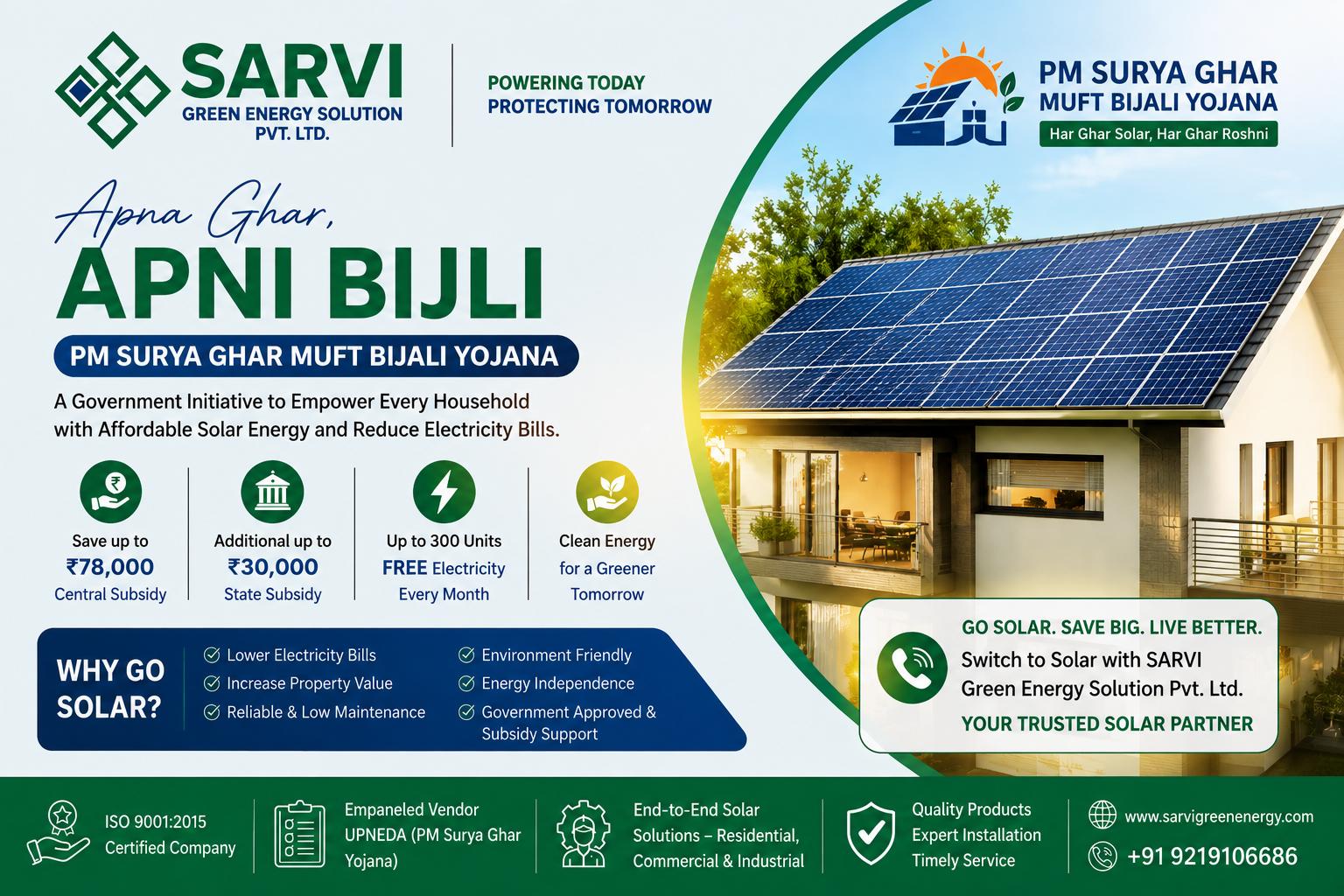 **SARVI GREEN ENERGY SOLUTION PVT. LTD. – Complete Solar EPC Solutions**

SARVI GREEN ENERGY SOLUTION PVT. LTD. is a professional solar Engineering, Procurement & Construction (EPC) company based in Anpara, Sonbhadra, Uttar Pradesh, India. We provide end-to-end solar energy solutions, from system design and equipment procurement to installation, commissioning, and operation and maintenance (O&M).

Our services include residential, commercial, and industrial rooftop solar installations; on-grid, off-grid, and hybrid solar power systems; solar water pumping systems for agriculture; solar-based drinking water projects and Solar Jal Minar; solar street lights and high-mast lighting; solar-powered smart classrooms; solar-powered RO water purification systems; and solar EV charging solutions.

We focus on quality workmanship, reliable equipment, efficient project execution, and customer-oriented service to help homes, businesses, institutions, and communities adopt clean and sustainable energy.

As an ISO 9001:2015 certified company and UPNEDA-empanelled vendor, we support customers seeking dependable solar solutions, including eligible rooftop solar installations under the PM Surya Ghar: Muft Bijli Yojana.

**Our Mission:** To make clean, reliable, and sustainable solar energy accessible through innovative technology and professional EPC services.

📍 **Address:** Dibulganj, Anpara, Sonbhadra, Uttar Pradesh – 231225, India  
📞 **Phone:** +91 9453917348  
📧 **Email:** sarvigreenenergy@outlook.com

**SARVI GREEN ENERGY SOLUTION PVT. LTD. – Your Trusted Partner in Solar Energy Solutions.**