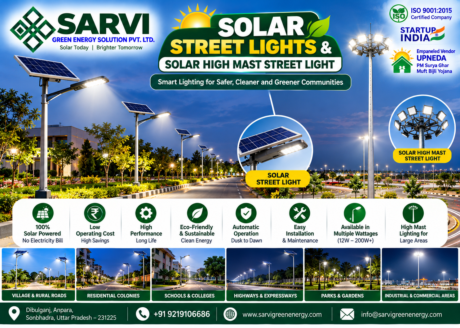 **SARVI GREEN ENERGY SOLUTION PVT. LTD. – Complete Solar EPC Solutions**

SARVI GREEN ENERGY SOLUTION PVT. LTD. is a professional solar Engineering, Procurement & Construction (EPC) company based in Anpara, Sonbhadra, Uttar Pradesh, India. We provide end-to-end solar energy solutions, from system design and equipment procurement to installation, commissioning, and operation and maintenance (O&M).

Our services include residential, commercial, and industrial rooftop solar installations; on-grid, off-grid, and hybrid solar power systems; solar water pumping systems for agriculture; solar-based drinking water projects and Solar Jal Minar; solar street lights and high-mast lighting; solar-powered smart classrooms; solar-powered RO water purification systems; and solar EV charging solutions.

We focus on quality workmanship, reliable equipment, efficient project execution, and customer-oriented service to help homes, businesses, institutions, and communities adopt clean and sustainable energy.

As an ISO 9001:2015 certified company and UPNEDA-empanelled vendor, we support customers seeking dependable solar solutions, including eligible rooftop solar installations under the PM Surya Ghar: Muft Bijli Yojana.

**Our Mission:** To make clean, reliable, and sustainable solar energy accessible through innovative technology and professional EPC services.

📍 **Address:** Dibulganj, Anpara, Sonbhadra, Uttar Pradesh – 231225, India  
📞 **Phone:** +91 9453917348  
📧 **Email:** sarvigreenenergy@outlook.com

**SARVI GREEN ENERGY SOLUTION PVT. LTD. – Your Trusted Partner in Solar Energy Solutions.**