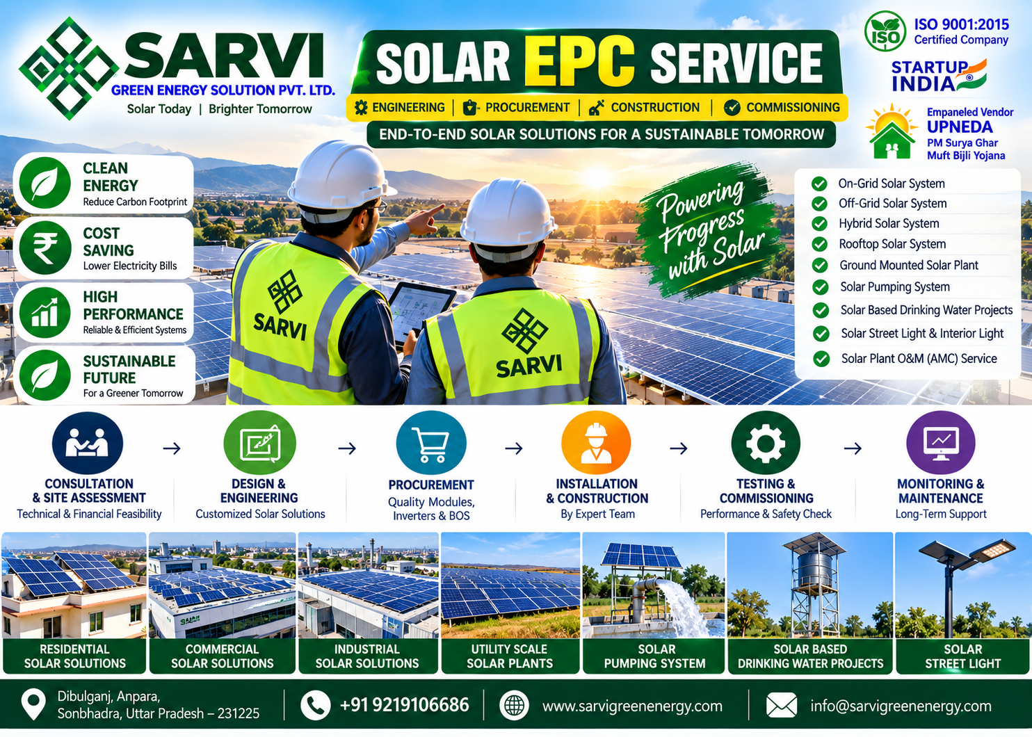 **SARVI GREEN ENERGY SOLUTION PVT. LTD. – Complete Solar EPC Solutions**

SARVI GREEN ENERGY SOLUTION PVT. LTD. is a professional solar Engineering, Procurement & Construction (EPC) company based in Anpara, Sonbhadra, Uttar Pradesh, India. We provide end-to-end solar energy solutions, from system design and equipment procurement to installation, commissioning, and operation and maintenance (O&M).

Our services include residential, commercial, and industrial rooftop solar installations; on-grid, off-grid, and hybrid solar power systems; solar water pumping systems for agriculture; solar-based drinking water projects and Solar Jal Minar; solar street lights and high-mast lighting; solar-powered smart classrooms; solar-powered RO water purification systems; and solar EV charging solutions.

We focus on quality workmanship, reliable equipment, efficient project execution, and customer-oriented service to help homes, businesses, institutions, and communities adopt clean and sustainable energy.

As an ISO 9001:2015 certified company and UPNEDA-empanelled vendor, we support customers seeking dependable solar solutions, including eligible rooftop solar installations under the PM Surya Ghar: Muft Bijli Yojana.

**Our Mission:** To make clean, reliable, and sustainable solar energy accessible through innovative technology and professional EPC services.

📍 **Address:** Dibulganj, Anpara, Sonbhadra, Uttar Pradesh – 231225, India  
📞 **Phone:** +91 9453917348  
📧 **Email:** sarvigreenenergy@outlook.com

**SARVI GREEN ENERGY SOLUTION PVT. LTD. – Your Trusted Partner in Solar Energy Solutions.**