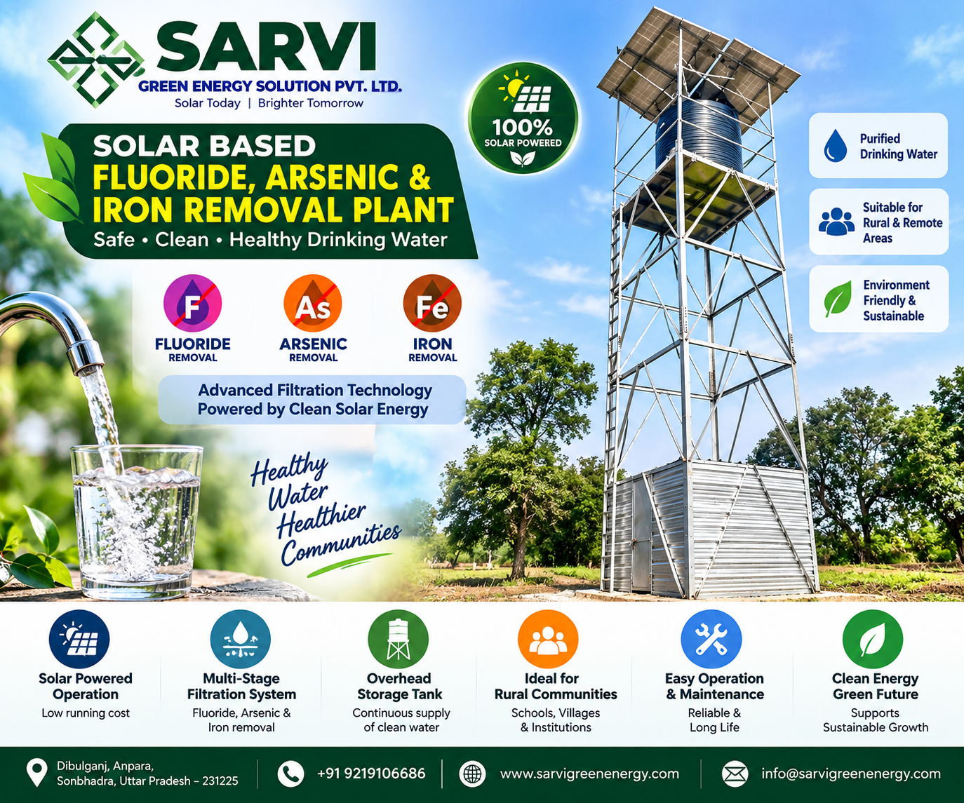 **SARVI GREEN ENERGY SOLUTION PVT. LTD. – Complete Solar EPC Solutions**

SARVI GREEN ENERGY SOLUTION PVT. LTD. is a professional solar Engineering, Procurement & Construction (EPC) company based in Anpara, Sonbhadra, Uttar Pradesh, India. We provide end-to-end solar energy solutions, from system design and equipment procurement to installation, commissioning, and operation and maintenance (O&M).

Our services include residential, commercial, and industrial rooftop solar installations; on-grid, off-grid, and hybrid solar power systems; solar water pumping systems for agriculture; solar-based drinking water projects and Solar Jal Minar; solar street lights and high-mast lighting; solar-powered smart classrooms; solar-powered RO water purification systems; and solar EV charging solutions.

We focus on quality workmanship, reliable equipment, efficient project execution, and customer-oriented service to help homes, businesses, institutions, and communities adopt clean and sustainable energy.

As an ISO 9001:2015 certified company and UPNEDA-empanelled vendor, we support customers seeking dependable solar solutions, including eligible rooftop solar installations under the PM Surya Ghar: Muft Bijli Yojana.

**Our Mission:** To make clean, reliable, and sustainable solar energy accessible through innovative technology and professional EPC services.

📍 **Address:** Dibulganj, Anpara, Sonbhadra, Uttar Pradesh – 231225, India  
📞 **Phone:** +91 9453917348  
📧 **Email:** sarvigreenenergy@outlook.com

**SARVI GREEN ENERGY SOLUTION PVT. LTD. – Your Trusted Partner in Solar Energy Solutions.**