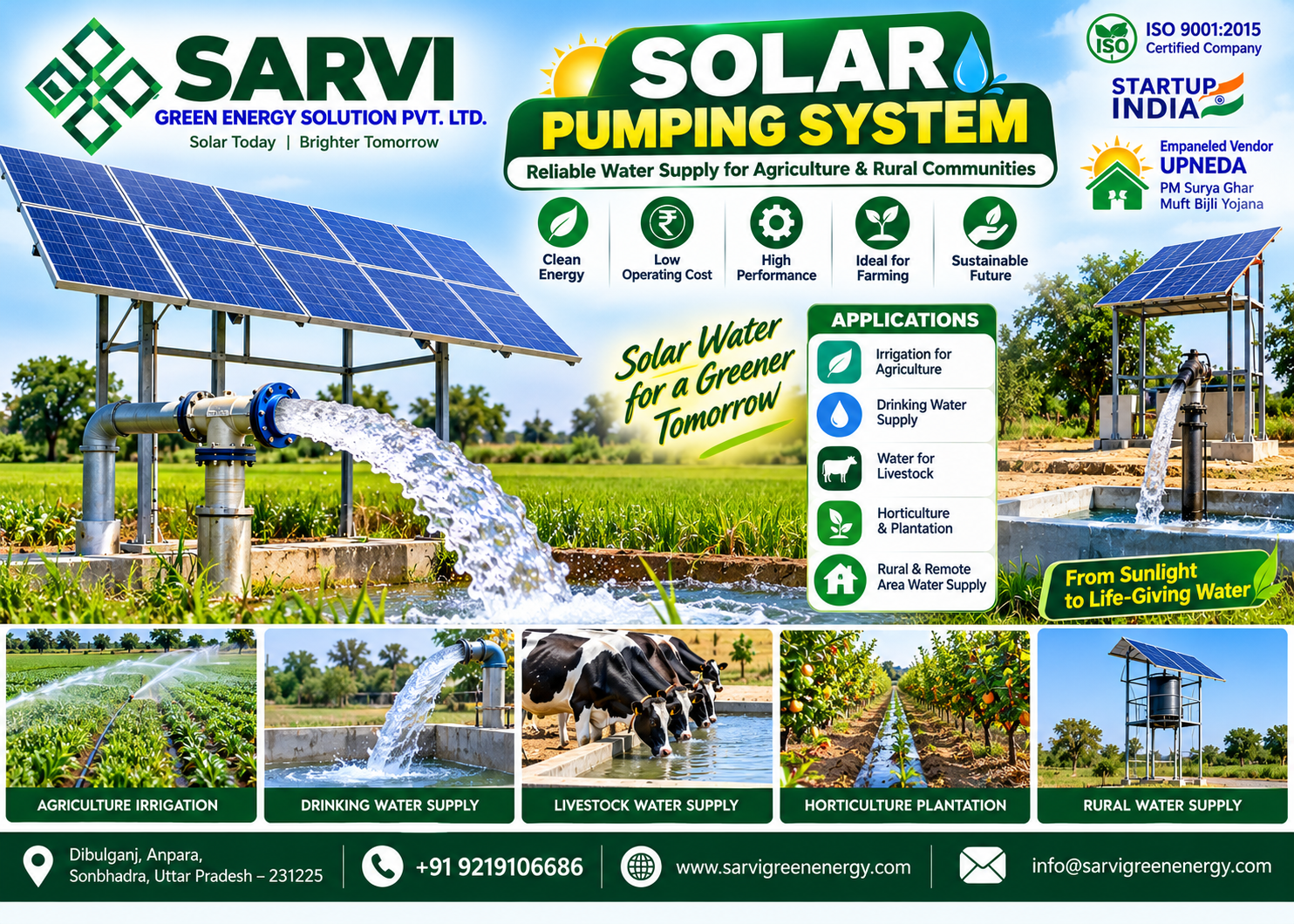 **SARVI GREEN ENERGY SOLUTION PVT. LTD. – Complete Solar EPC Solutions**

SARVI GREEN ENERGY SOLUTION PVT. LTD. is a professional solar Engineering, Procurement & Construction (EPC) company based in Anpara, Sonbhadra, Uttar Pradesh, India. We provide end-to-end solar energy solutions, from system design and equipment procurement to installation, commissioning, and operation and maintenance (O&M).

Our services include residential, commercial, and industrial rooftop solar installations; on-grid, off-grid, and hybrid solar power systems; solar water pumping systems for agriculture; solar-based drinking water projects and Solar Jal Minar; solar street lights and high-mast lighting; solar-powered smart classrooms; solar-powered RO water purification systems; and solar EV charging solutions.

We focus on quality workmanship, reliable equipment, efficient project execution, and customer-oriented service to help homes, businesses, institutions, and communities adopt clean and sustainable energy.

As an ISO 9001:2015 certified company and UPNEDA-empanelled vendor, we support customers seeking dependable solar solutions, including eligible rooftop solar installations under the PM Surya Ghar: Muft Bijli Yojana.

**Our Mission:** To make clean, reliable, and sustainable solar energy accessible through innovative technology and professional EPC services.

📍 **Address:** Dibulganj, Anpara, Sonbhadra, Uttar Pradesh – 231225, India  
📞 **Phone:** +91 9453917348  
📧 **Email:** sarvigreenenergy@outlook.com

**SARVI GREEN ENERGY SOLUTION PVT. LTD. – Your Trusted Partner in Solar Energy Solutions.**